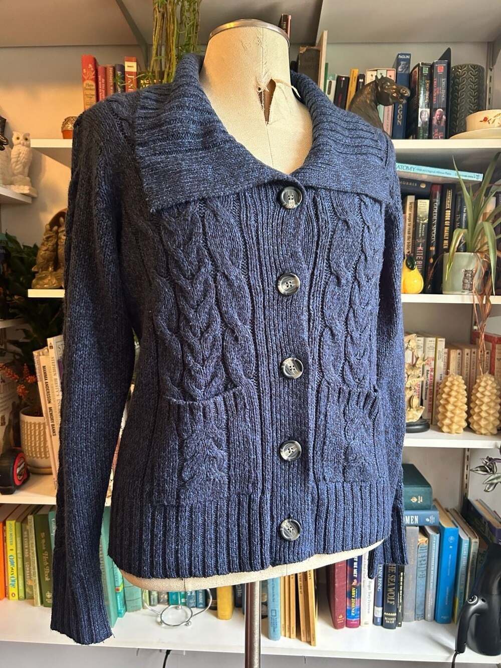 St John's Bay Cardigan Sweater Size L Blue Cable Knit Chunky Shawl Collar